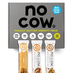 No Cow Vegan Protein Bars, Upgraded Peanut Butter Variety Pack | 20g Plant Based Protein, Gluten Free, Dairy Free, Soy Free, Keto Friendly, Low Sugar, High Fiber Snack Bars | Pack of 12