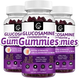 Glucosamine Chondroitin Gummys配有MSM & Elderberry – 超强流动性和灵活性支持,成人、男女抗氧化剂免疫补充剂-60 Condroitin Gummys(3包)