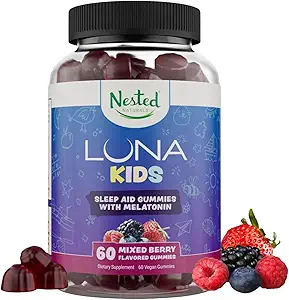 Nested Naturals Luna儿童睡眠Gummys - 与Valerian Root, Chamomile, 和Lemon Balm 组成非哈比特儿童 Melatonin Gummys - 儿童梅拉托宁睡眠援助 - 混合莓, 60 Vegan Gummys