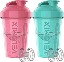 VELOMIX -2 Pack - 20 oz 蛋白质摇摆瓶 蛋白质搅拌机 - 2x Wire Whisk - | Leak Proof Shaker Cups for Protein Shakes and Pre Worout - | 蛋白质摇摆瓶包装(Pink/Turquoise)