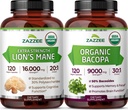 Zazzee USDA Organic Cognitive Support Bundle | 30:1 Bacopa Monnieri Extract Plus Lions Mane Extract Capsules | Non-GMO Vegan & ISO Lab Tested (120 Servings Each)