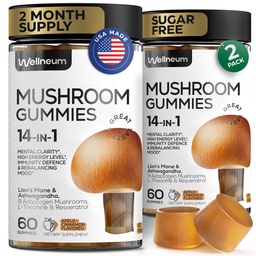 蘑菇Gummys 5000 Mg 120 Pcs (2 Pack) - 狮子马恩和9 适应性蘑菇 Blend - Ashwagandha, L-Thenine - 蘑菇Gummys for Energy, 豁免,焦点,脑靴 - 无糖和转基因组
