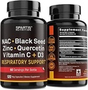 NAC 600mg 黑种子 500mg 锌 皮氏素 奎尔西丁 维生素 C 维生素 D3 呼吸支持(Pack of 1 Bottle at 120-Caps)