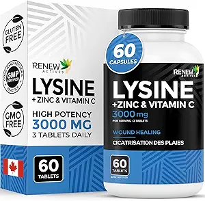 更新活性L-Lysine 1000毫克/每服锌和维生素C-支持免疫功能、凝胶形成、抗氧化剂支持、和健康的皮肤、头发、钉子-加拿大制造-60片