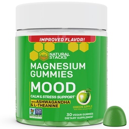 Mood Magnesium Gummys - 200mg Magnesium Citrate & 125mg Senshwagandha Gummys - 配L Theanine 用于冷静和压力支持 - Mag Citrate and Ashwagandha 补编 - 30 绿色苹果