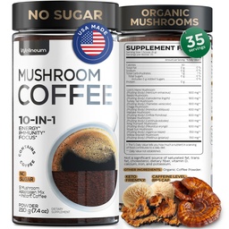 Mushroom Coffee - French Roast Style Instant Coffee + Lion’s Mane 900mg for Focus + Reishi, Chaga & Turkey Tail - 10-in-1 Mushrooms Fruiting Body Adaptogen Blend, Sugar Free, 35 Servings