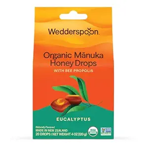 Wedderspoon 有机玛努卡蜂蜜滴,Eucalyptus & Bee Propolis, 20 Counter (4oz) (Pack of 1) | 新西兰蜂蜜 | 干喉的完美补救