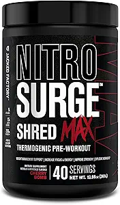 Jacked Factory Nitrosurge Shred Max Preworkout - 高性能热能预选工作粉 男女用L Citrulline,乙酰L Carnitine,有机咖啡因 - 40 services, Cherry bomb