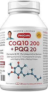 AndreW Lessman Coenzyme Q-10 200 P+ PQQ 20mg - 30 Capsules - 维护CoQ10级,优化电池能量,支持能量生产,心脏,大脑,肝脏,肾脏,Pancreas. 无附加