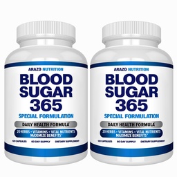 Arazo Nutrition Blood Sugar 365 Supplement – Supports Healthy Energy Levels - 120 Herbal Pills - 60 Day Supply (Pack of 2)
