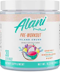 Alani Nu Pre Workout Powder Island Crush, 氨基能源促进剂,耐力补充剂,无糖,200mg咖啡因,L-Theanine,Beta-Alanine,L-Citrulline,30种服务