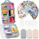3 Pack 14 Grids 旅行药丸组织器箱,装有415-Pcs 药品名称标签 - Pocket Daily Pharmacy Case Control Kit - 鱼油维生素补充剂旅行药剂持有者