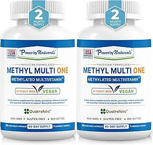天然甲基多氯-无铁甲基多维明,供男女使用,有B12 Methicobalamin、P5P、Folate(5-MTHF)、CoQ10和锌用于能源和MTHFR支持,60 Capsules(2-PK)
