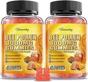 Bee Pollen 1000MG Gummys with 500MG Royal Jelly & Bee Propolis, Sweet Free Bee Pollen Supplement Rich in Vitamin C & E, Vegetarian, Non-GMO, Gluten Free, 支持豁免和皮肤健康(120个伯爵)