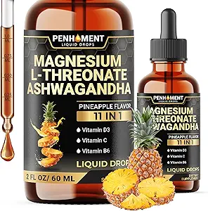 11in1 镁L-硫酸液滴与Ashwagandha,维生素D3,维生素C,维生素B6,以及6 More - 大脑支持 - Pineapple Flavor - 2 FL OZ for Full 2-Month