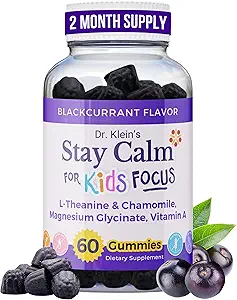 Klein博士的《Klein's Stay Calm Kids Gummys – 甘油镁 + 维生素A,L- Theanine, 香蜜酒提取法 – 促进焦点和5岁+ 儿童冷静 – Magnes Gummys for Kids – Black Currant, Zero Sugar, 60 Counter
