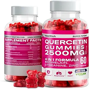 Quercetin Gummys - 2500MG Quercetin with Bromelain L-theanine & Zinc - Imune System肺部和过敏性支持的纯补充物 - 儿童与成年人豁免促进剂 Vegan 补充物 - 2包