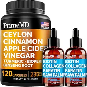 4-in-1 液态生物素 Collagen Keratin Saw Palmetto Drops (2 fl oz - 2 Pack) & 5-in-1 锡兰肉桂 w Turmeric & Ginseng Root (120cm) Bundle - 头发,皮肤,钉子, & Immune 支持补编