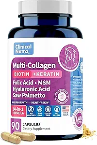 Collagen Peptides l Biotin l Keratin l Hyaluronic Acid l Saw Palmetto - 男女发型生长维生素补充剂 - Dht Blocker 补充剂 90 Capsules 美国制造