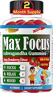 因此,Max Focus Ashwagandha calm & Focus Gummys for Kids & Teens, 支持 calm Mood, 放松, 抗压力, 记忆, 能量, 放松, 低糖 Vegan, 水果火焰 - 60 Gummys