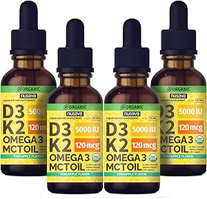 (4包)有机维生素D3 K2 与MCT Oil Omega 3,最大强度维生素D液体5000 IU,无填充剂,用于更快吸收和免疫支持的非GMO液体D3(菠萝,4 Fl Oz)