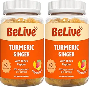BeLive Turmeric Curcumin with Black Pepper & Ginger - 500 mg of Turmeric and Ginger for Imune support, 健康皮肤和流动性 - 热带火焰 - 60 计数