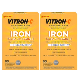 Vitron-C 铁的补编,Once Daily,高能铁加维生素C,支持红血球生产,Dye自由片,60 Counter,2 Pack