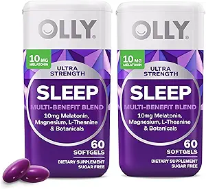 OLLY超强睡眠软胶,10mg Melatonin,L-Theanine,香蜜酒,镁,柠檬,支持深眠,夜间睡眠援助,Non Habit-Forming,60 Counter (Pack of 2)