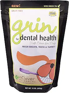 在克洛弗自然牙科治疗中,Grin,新鲜呼吸犬用预生药物进行烹饪治疗,新鲜呼吸芋头控制,每日为狗支持狗胶和牙齿配料.