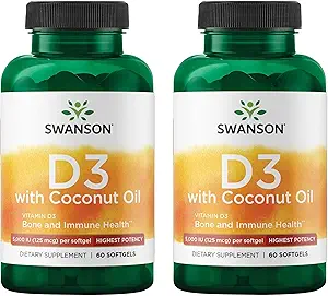 Swanson 高潜力维生素D-3 w/Coconut - 促进骨质健康与免疫系统支持的自然补充 - 可能帮助增加钙吸收量 - (60 Softgels, 125mcg each) (2 Pack)