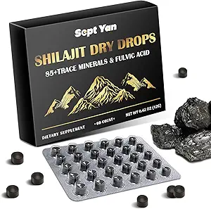 Shilajit纯喜马拉雅有机干燥液滴 Shilajit Resin 补充剂(60片-每片200mg),用于男子的Shilajit 85+痕量矿物和富尔维奇酸,用于能源、豁免、脑支持