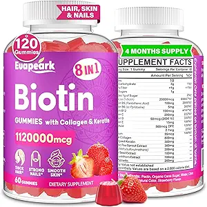 男女生素蛋白(Biotin Gummys),1个有机配方中的8个,与Keratin,Folic Acid & Vitamins并用Max strong Biotin and Collagen Gummys,用于发型生长,皮肤和钉子补充,无糖,120个计数