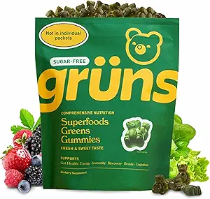 Gruns 成人无糖超级绿地(Gummys) - 配有Spirulina的超食品Gummy熊,Chlorella,Fiber & Prebiotics for Digestive Health, 配有20种维生素和矿物的适配体补充剂,2周供应.