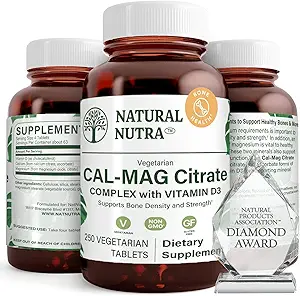 天然核糖体Cal-Mag 配有维生素D3 1100/500 mg 复合体、加强骨密度、肌肉和神经健康、帮助保持健康的牙齿、高生物可用源、250 Vegan 片