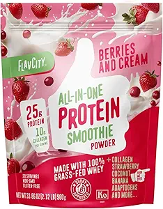 FlavCity Grass Fed Whey蛋白粉 - Berries & Cream - 25g 蛋白质 & 10g Collagen - 用有机草莓 & Coconut Milk - Gluten Free & no Added Sugars (20 services) 制成.