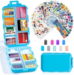 14 Grids 旅行药丸组织者盒,装有415-Pcs 药品名标签 - Pocket Daily Pharkey Case Control Kit - 旅行药剂持有者 鱼油维生素补充剂储存 - 蓝色