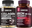 Collagen Peptides and Iron Bundle, 2025 MG Collagen, 零糖, 65 MG元素铁, 含维生素C的碳酰铁, 胃上的温柔