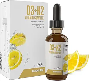 Maxler 维生素 D3 K2 与 MCT 油 - 心脏,骨骼和免疫支持 - 没有 GMO, 颜色, 甜甜剂, 酒精 - 维生素 D35,000 IU和维生素 K2 500 mcg/ 1 服务 - 120 服务柠檬火焰