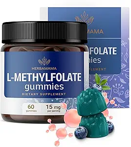 HERBAMAMA L-Methylfolate Gummys - 15mg 5-MTHF 成人冷却补充剂 - Vegan,非GMO 甲基化Folate(维生素B9),用于脑支持 - 60 Pectin 蓝莓-口味菜