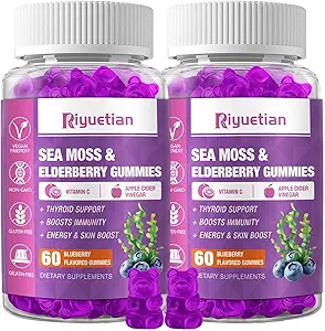 Sea Moss & Elderberry Gummys, 蓝莓Flavored Gummy, 维生素海 Moss 配有维生素C + Zinc 和 Apple Cider Vinegar, 良好纹理, Vegan-Friendly, 120 Counter (Pack of 2) 的维生素海 Moss 补充品.