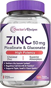 医生的食谱锌50mg, 高吸附性锌皮氏剂和Gluconate, 支持天然免疫防御,DNA和蛋白质形成,细胞生长,非GMO, 120 Veggie Capsules