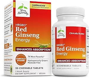 Terry Rital HRG80 Red Ginseng Energy - 支持健康能源与焦点 - 配有韩国红金生根粉的草药补充剂 - 维根药片援助健康耐力 - 30块可切食药片