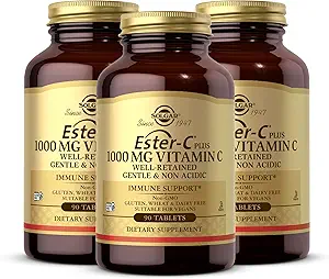Solgar Ester-C+1000 mg 维生素C (Ascorbate Complex) - 90片,包装3 - Gentle & 非酸性 - 支持上呼吸卫生 - 非GMO,Gluten Free - 270 总服务量