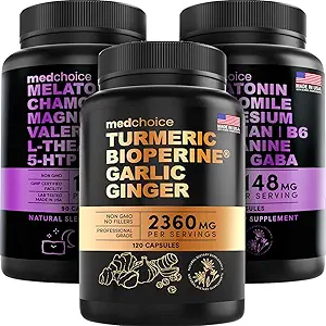 MEDCHOICE Turmeric & Ginger(120cm)和Sleep Melatonin(180ct) 补充 Bundle - 联合、文摘、睡眠和免疫支持的井喷 - Vegan、Non-GMO、Gluten-Free