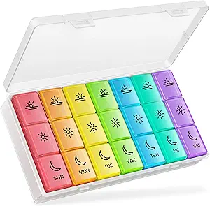 BUG HULL 药丸组织者 3 Times a Daily, 大型每周药丸组织者 3X aday, 7 Dai Pill Box cases Morning Noon Evening for Vitamin, Cod-Liver Oil, Suppers (Rainbow White) (英语).