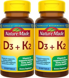 天然制维生素D3 K2,5000 IU(125 mcg) 维生素D,Bone,Teeth,Muscle和Immune健康支持的饮食补充,30 Softgel,30天供应-包2