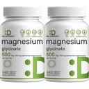 2 Pack Magnesium Glycinate 500mg, 480 Veggie Capsules 100% 方便吸收的化学剂 肌肉、睡眠和心脏健康的基本矿物补充剂