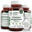 Natural Nutra Chelated Magnesium Oxide 250 mg - 对强骨、心脏健康、牙科健康、能量波斯特、无葡萄糖、无GMO、无BPA-无可回收玻璃瓶中的180块石片进行高吸收
