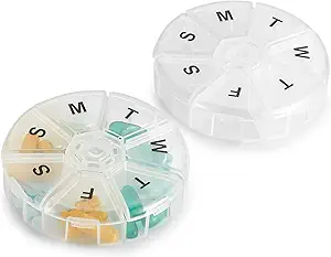 每周药丸组织者——(包2)7天药丸容器,圆形药剂组织者盒,每日周药丸提醒案例旅行友好,无BPA维他命,补充,鱼油,药剂计划