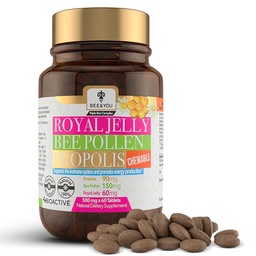 " 蜜蜂与你" 皇家Jelly牌匾 配有 " Propolis Expless " 、 " Bee Pollen " 、 " 维生素和矿物 " 、 " Daily Imune and Energy Support " 、 " Gluten Free " 、 " 儿童与成年人 " 、 " 60个伯爵 "